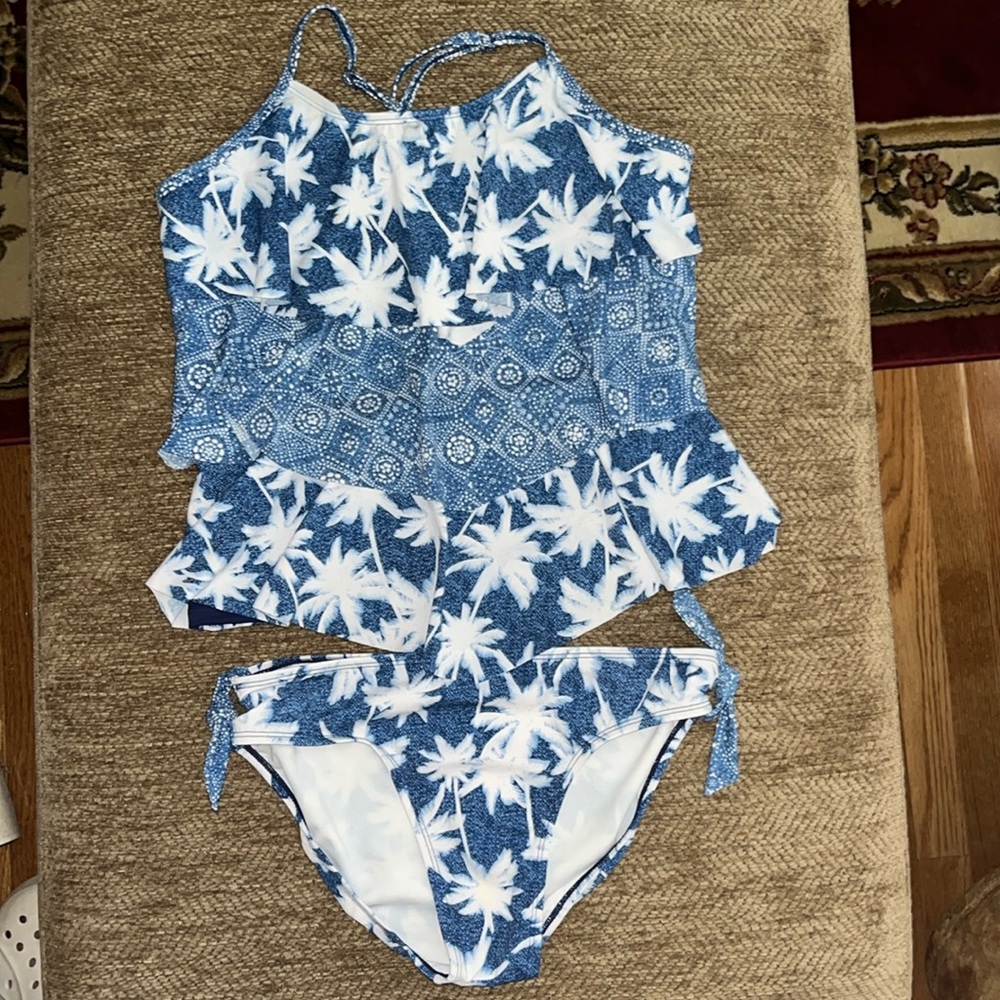 Girl’s Justice Tankini, Denim blue & white palm tree pattern, size 14 plus
